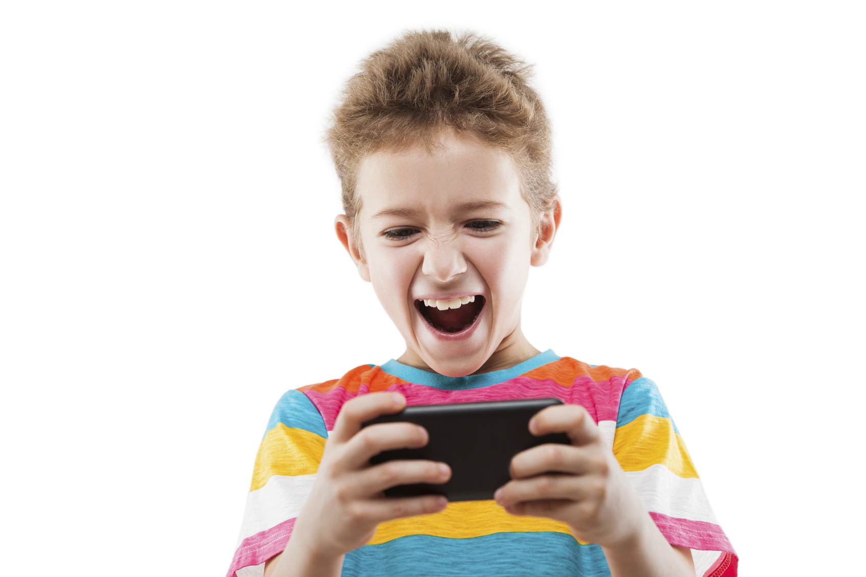 Little smiling child boy playing games or surfing internet on digital smartphone computer white isolated
