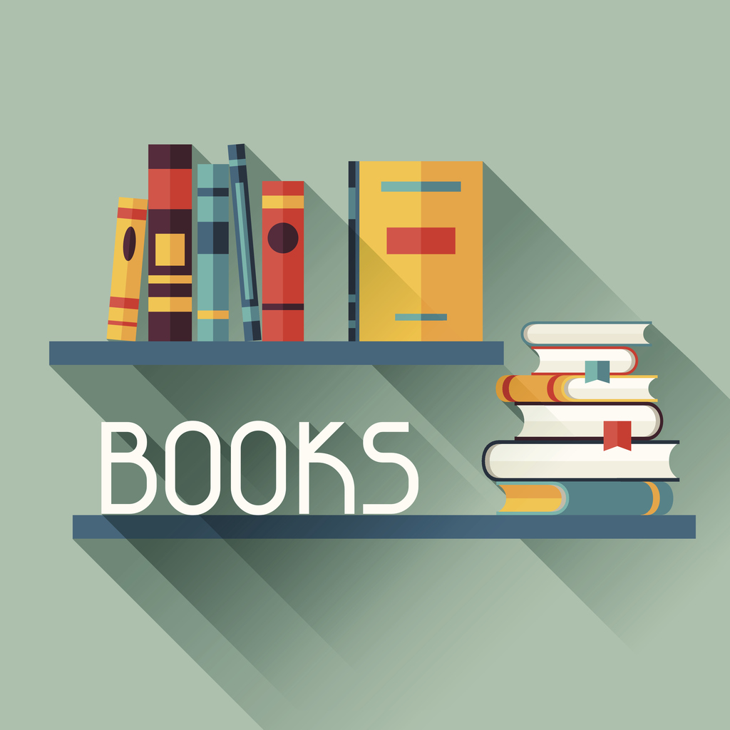 Card with books on bookshelves in flat design style.