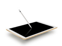 Mockup gold tablet realistic style with stylus. Isolated on whit