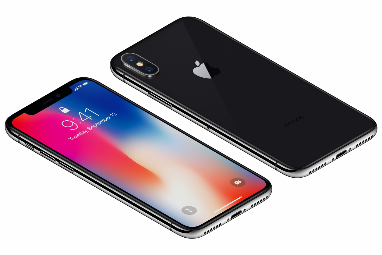 Isometric Space Gray Apple iPhone X front side with iOS 11 lockscreen and back side isolated on white background