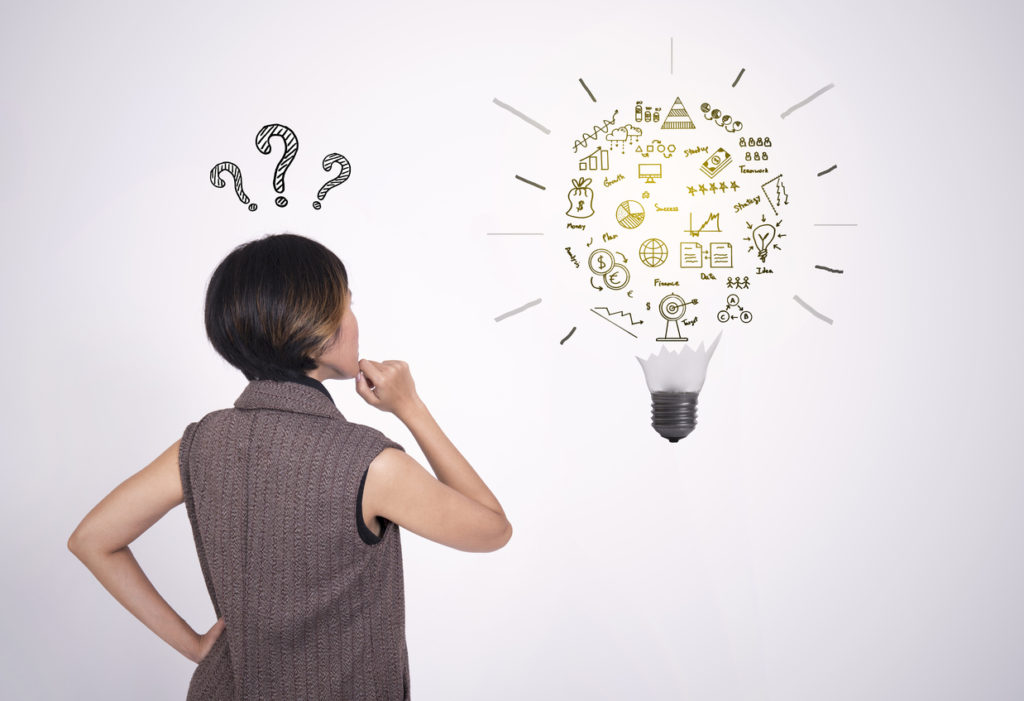 thinking business women with question mark and idea lightbulb.