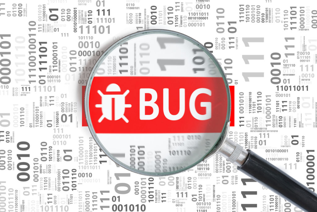 Software development and debugging concept. Bug found in binary code
