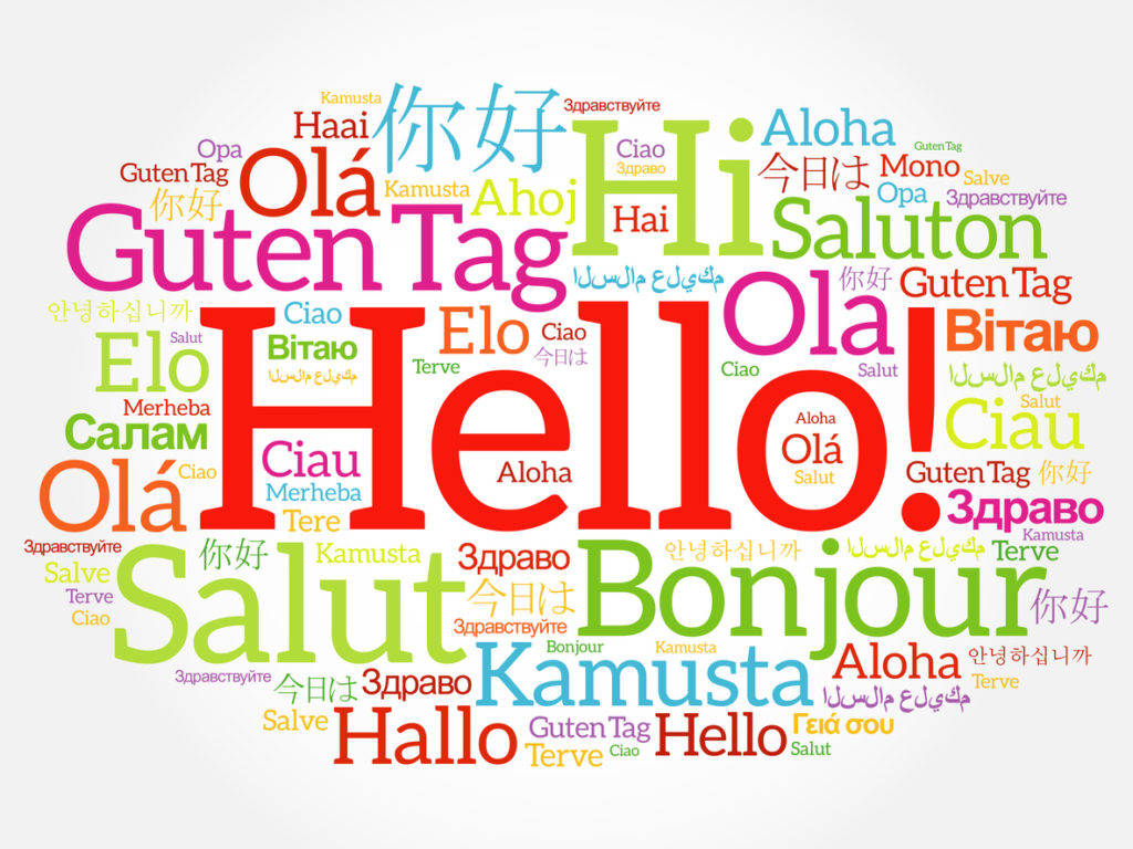Hello word cloud collage in different languages of the world, background concept