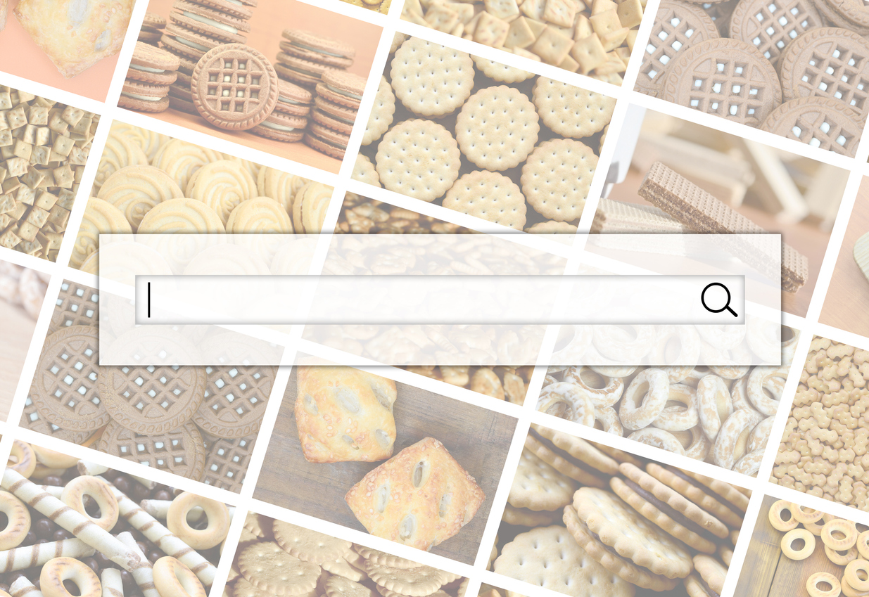 Visualization of the search bar on the background of a collage of many pictures with various sweets close-up. A set of images with varieties of biscuits, bagels and candies