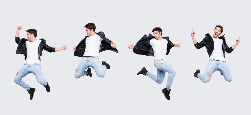 Funky joy concept. Collage picture of different pose of cheerful cool funny punk man expressing happiness jumping having fun yelling wearing casual clothes, isolated on white background full-length