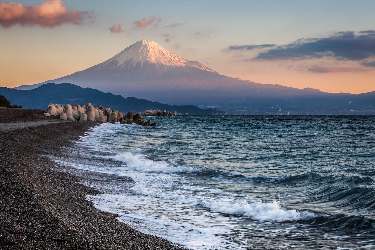 Mt. Fuji and sea beach in winter morning.