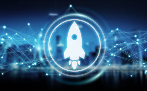 Startup rocket digital interface isolated on blue background 3D rendering