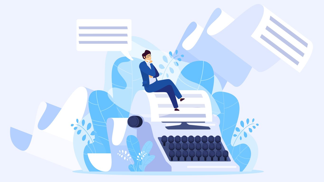 Author writing a book, tiny man sitting on huge typewriter, vector illustration