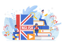 People learning English isometric vector illustration. Distance education, online learning concept. Students reading books 3d cartoon characters. Using hi-tech gadgets for teaching foreign languages.