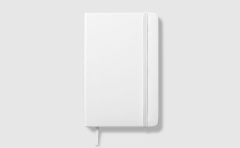 Top view of Blank photorealistic notebook mockup on light grey background.