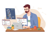 Male personage concentrated at working project, isolated man coding and programming looking at monitor. Screen with codes, developer at work with task. Cartoon character, vector in flat style