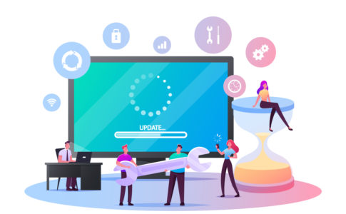 Update Software Application and Hardware Upgrade Technology Concept. Tiny Characters with Gadgets, Wrench and Hourglass at Huge Computer Screen with Updating Scale. Cartoon People Vector Illustration