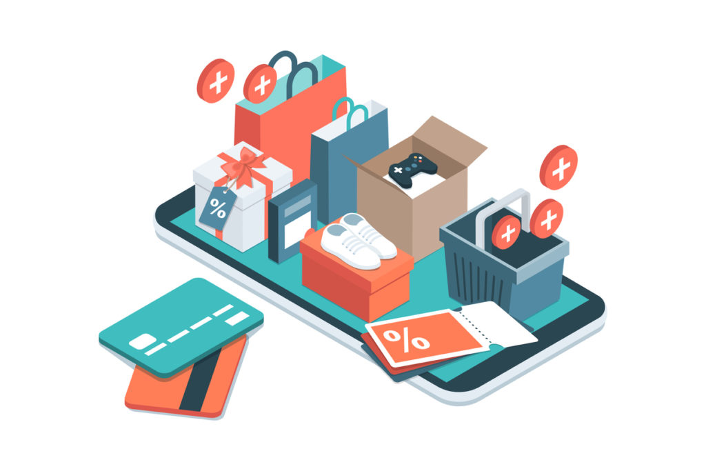 Online shopping app: gifts, shopping items, credit cards and discount coupons on a smartphone