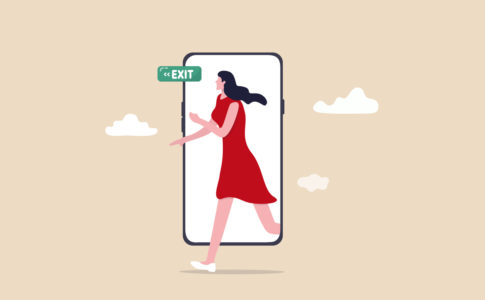 Reduce mobile screen time, digital detox, exit from virtual social media and live your real life concept, happy young woman walking step out of smartphone mobile screen follow green exit sign.