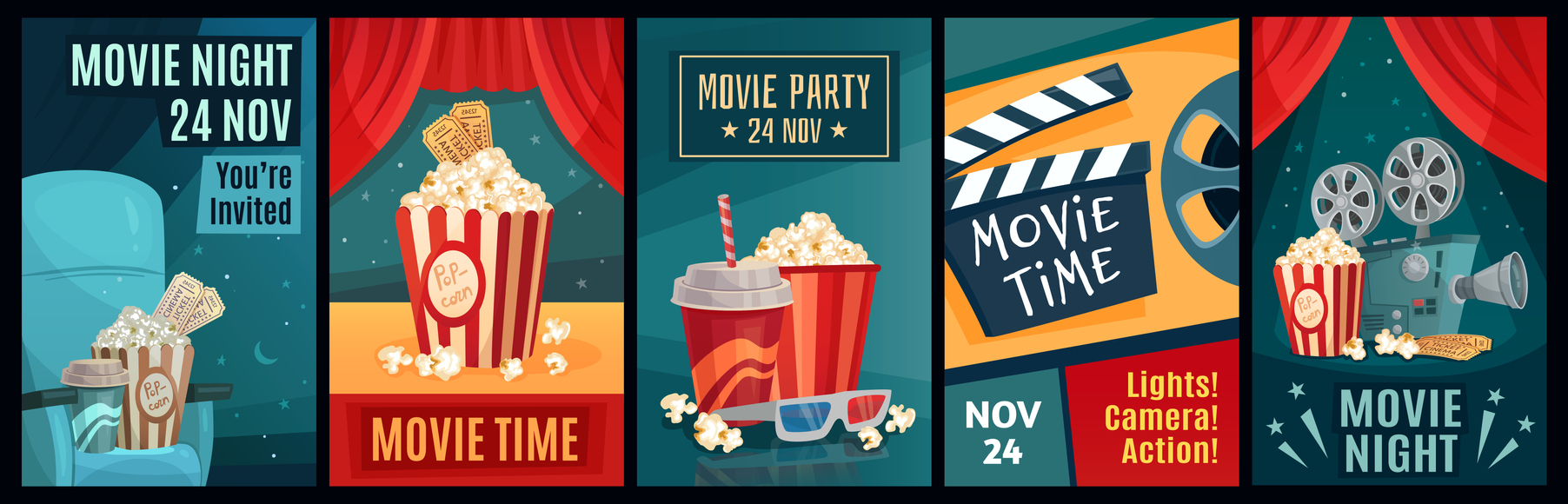 Cinema poster. Night film movies, popcorn and retro movie posters template vector illustration set