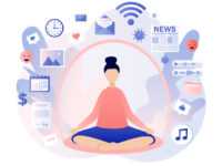 Information detox. Digital detox. Dome filter protects woman from unnecessary information. Information overload concept. Meditation. Modern flat cartoon style. Vector illustration on white background