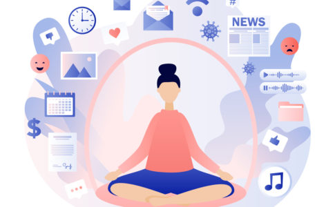 Information detox. Digital detox. Dome filter protects woman from unnecessary information. Information overload concept. Meditation. Modern flat cartoon style. Vector illustration on white background