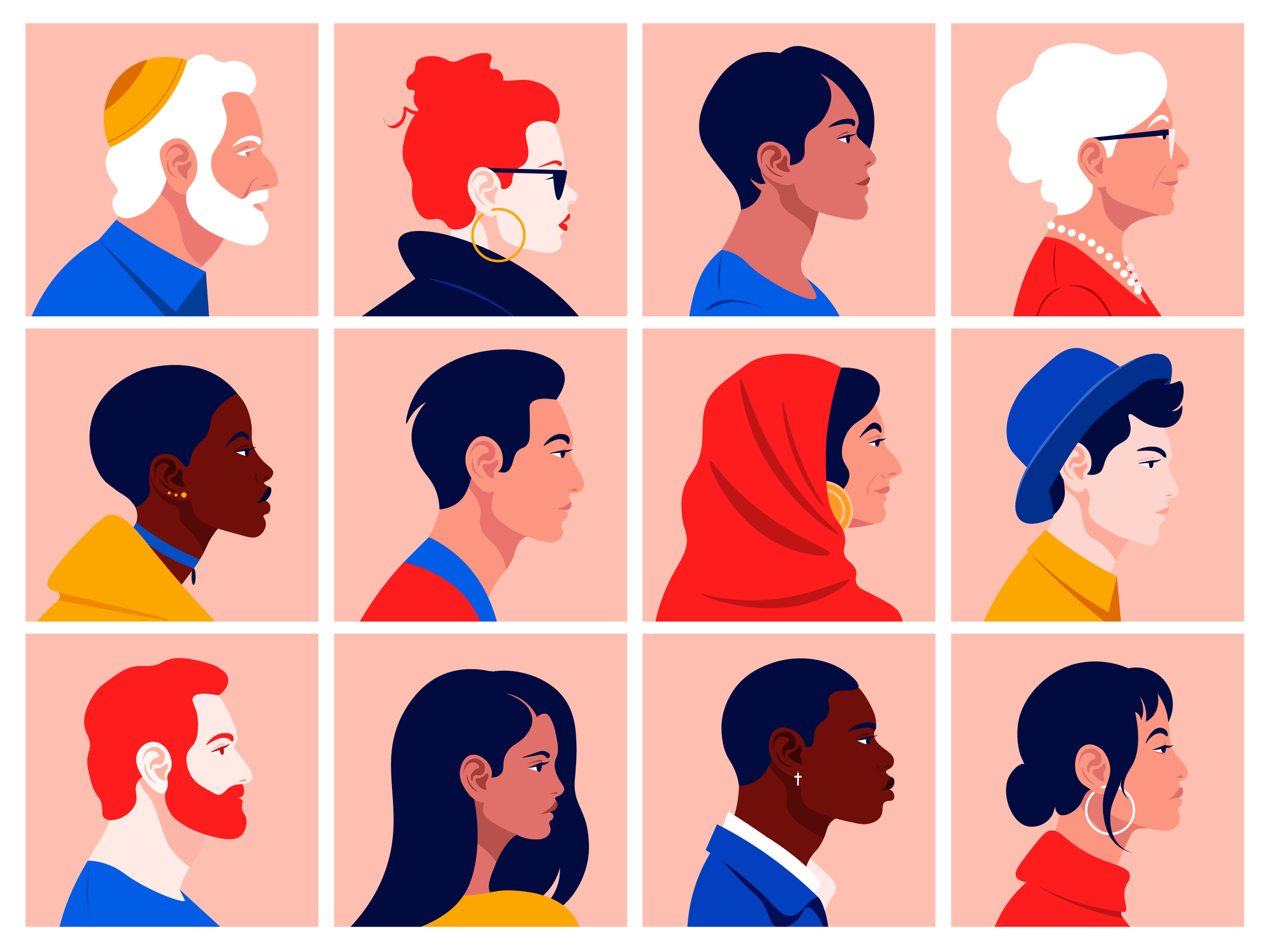 A set of people's faces in profile: men, women, young and elderly of different races and nations.